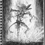 Pen and ink drawing of the Teenage Beast going back to hell